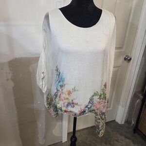 Elena Baldi Silk Made Italy White Scoop-Neck Floral-Trim Tunic Top Asymetrical